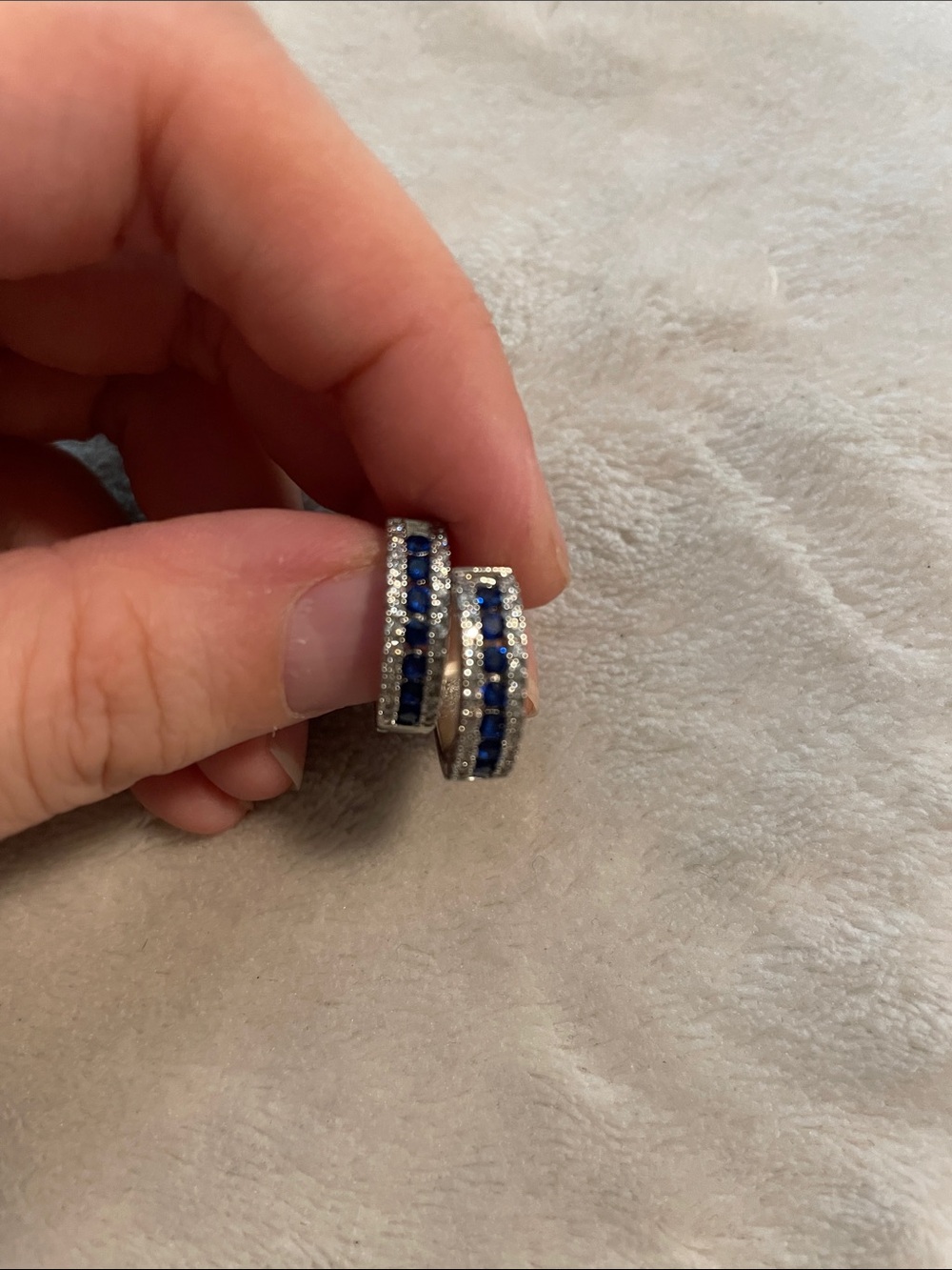 Fashion hoop earrings with blue and white rhinestones